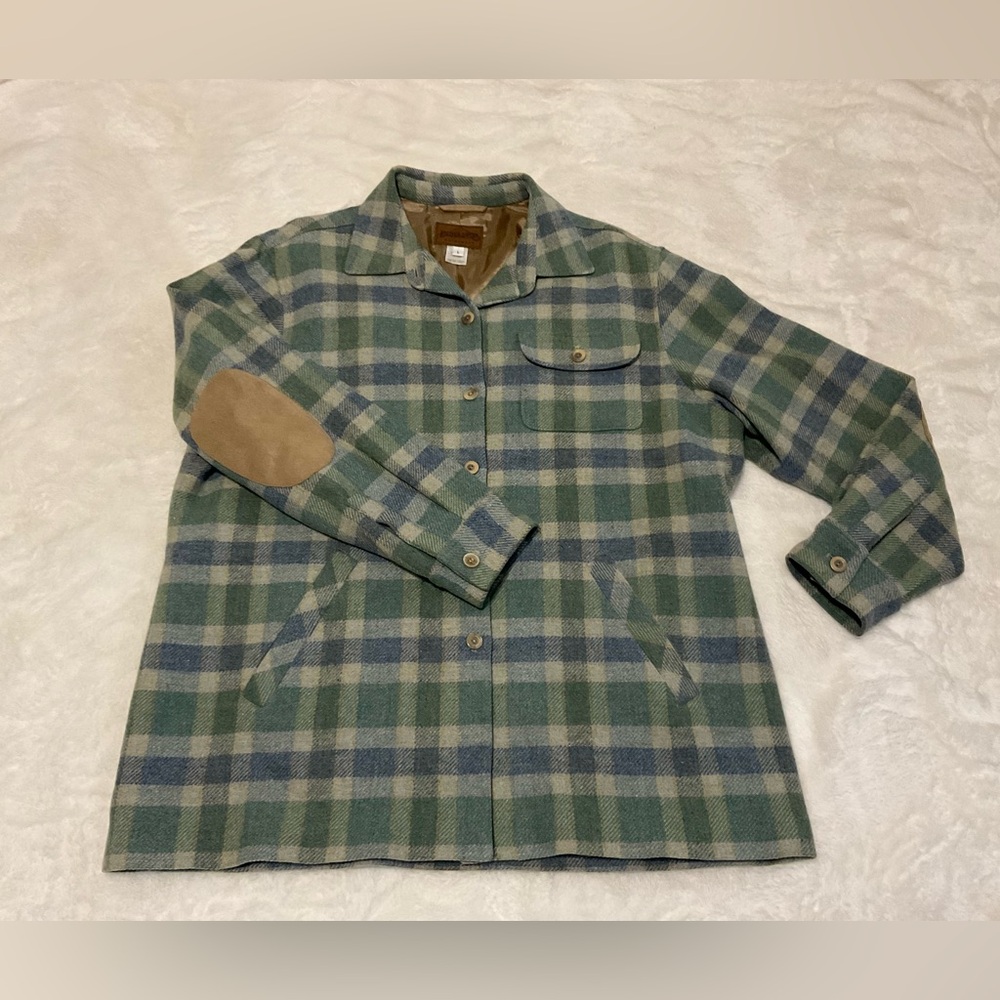 Pendleton Women’s Green Plaid Button-Front Jacket with Suede Elbow Patches
